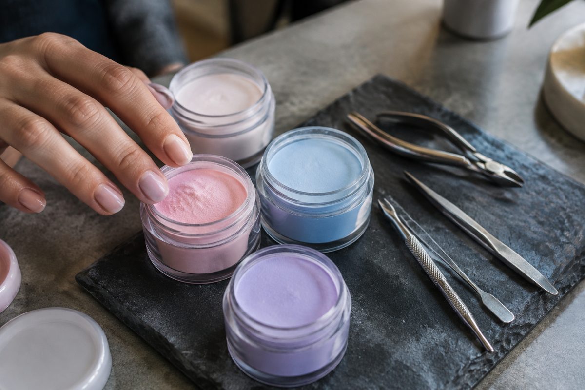 Manicure workstation with dipping powder jars and sanitized stainless steel instruments