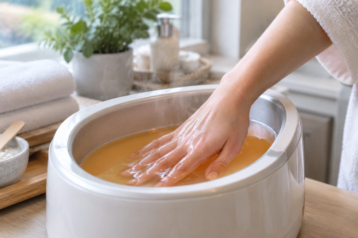 Hand gently dipping into a warm peach cosmetic paraffin wax bath for deep skin hydration