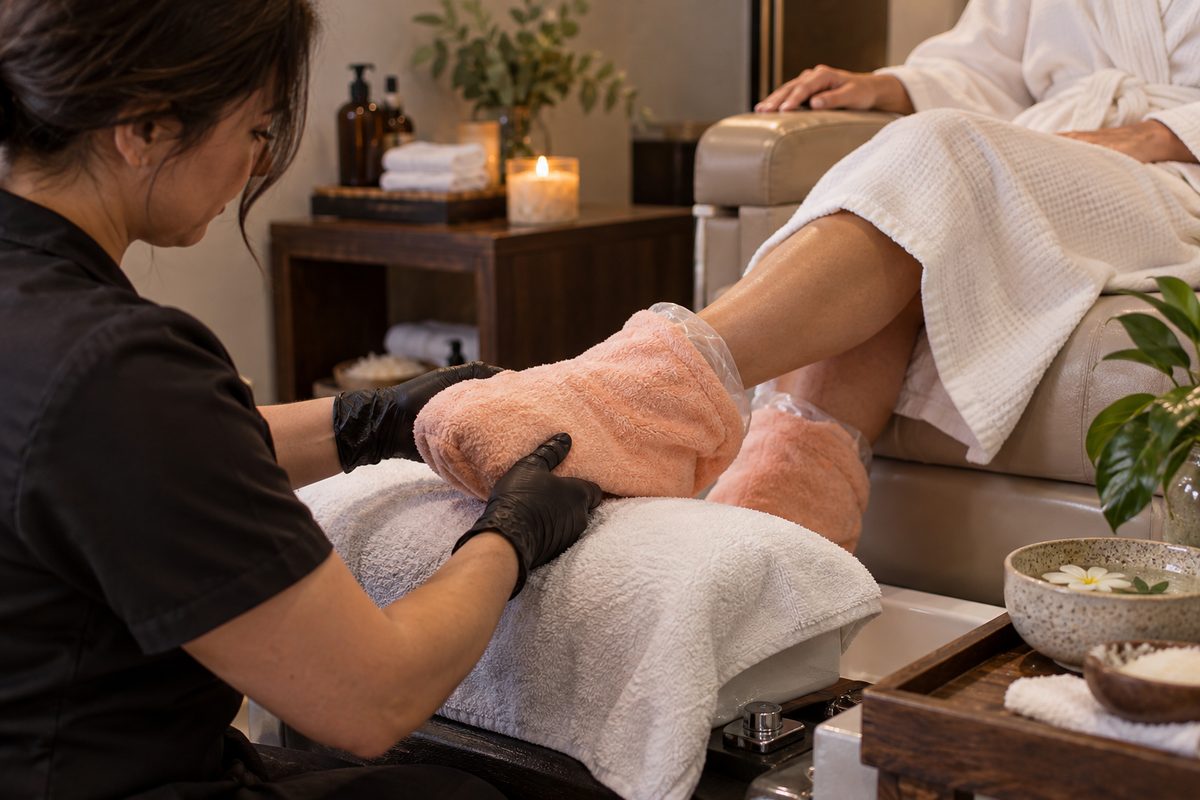 Restorative signature pedicure treatment with warm paraffin heel bootie wrap and herbal towels