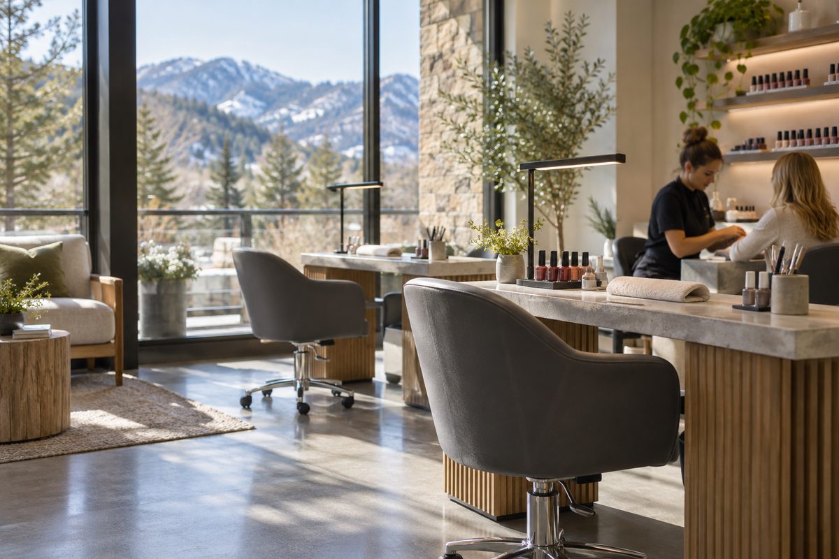 Minimalist sunlit interior of Chippen Nails studio at Edwards Village Blvd with modern chairs