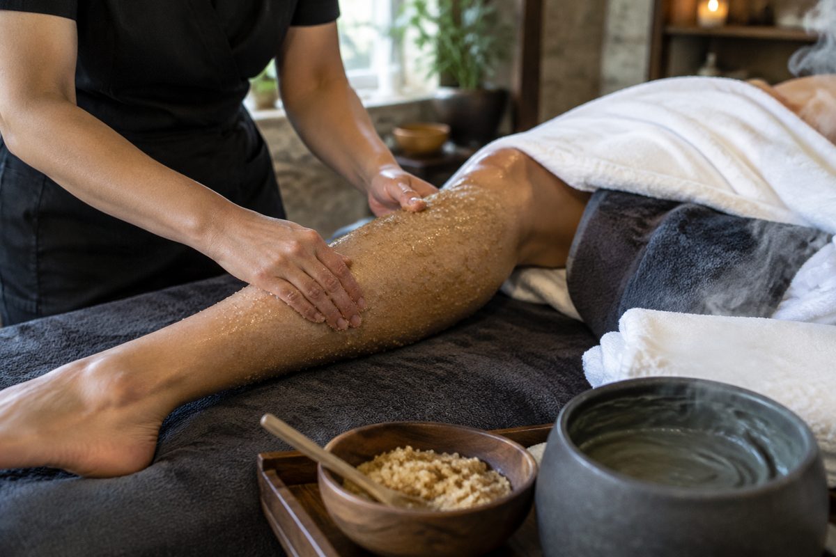 Lower leg exfoliation using organic raw sugar scrub and mineral mud masque with warm towels